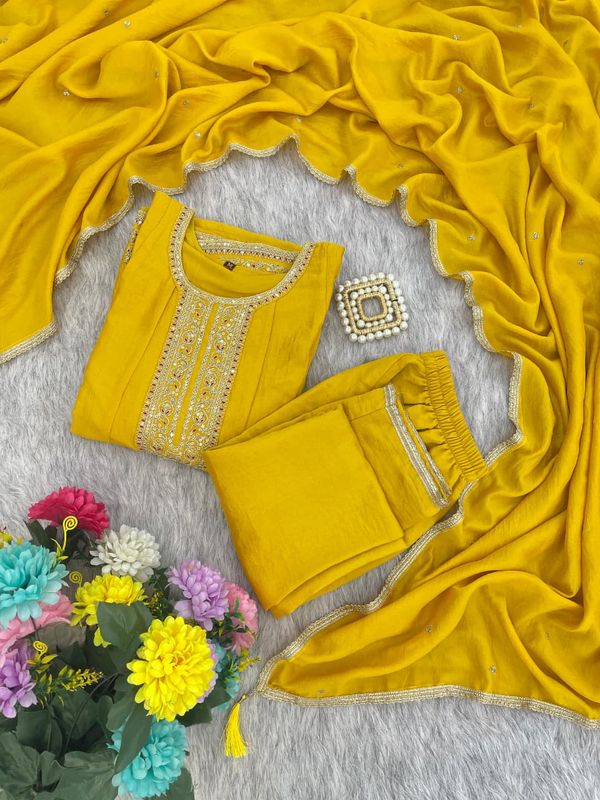 Mustard Silk Embroidered Anarkali Kurti Pant Set Sale