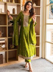 Trendy Olive Green Anarkali Suit Set with Dupatta - Olive