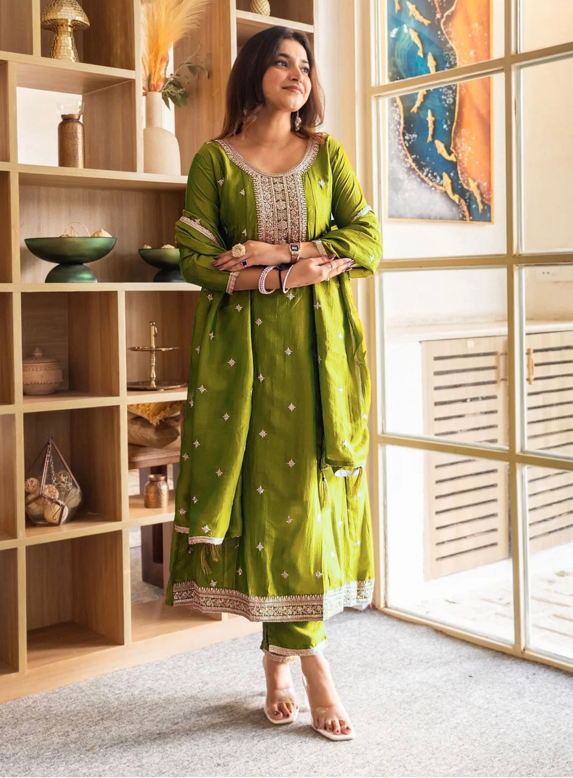 Trendy Olive Green Anarkali Suit Set with Dupatta