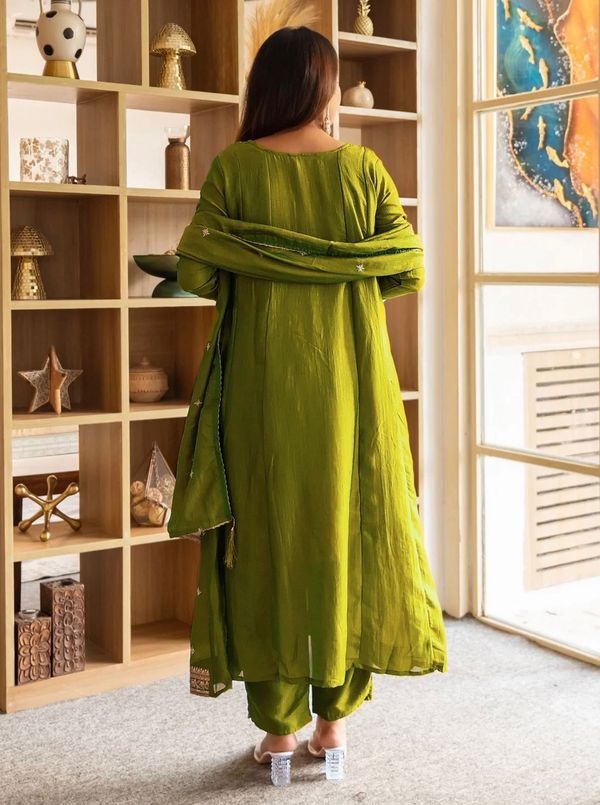 Trendy Olive Green Anarkali Suit Set with Dupatta