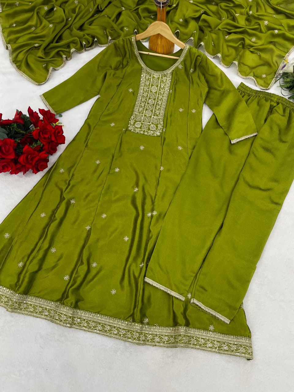 Trendy Olive Green Anarkali Suit Set with Dupatta