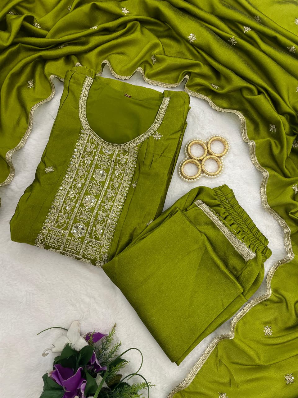 Trendy Olive Green Anarkali Suit Set with Dupatta