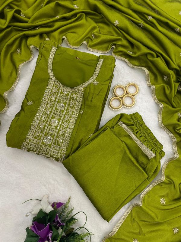Trendy Olive Green Anarkali Suit Set with Dupatta