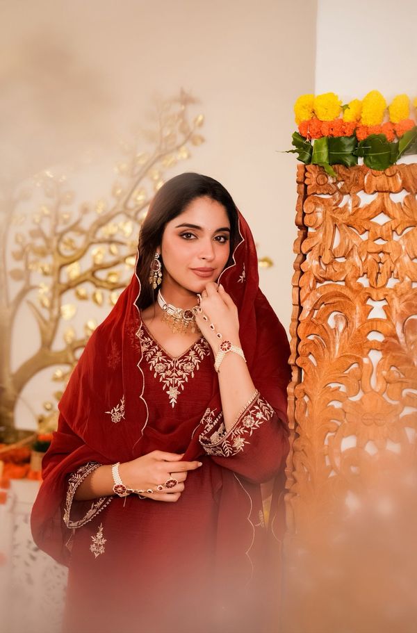 Maroon Embroidered Vichitra Silk Kurta Pant Set