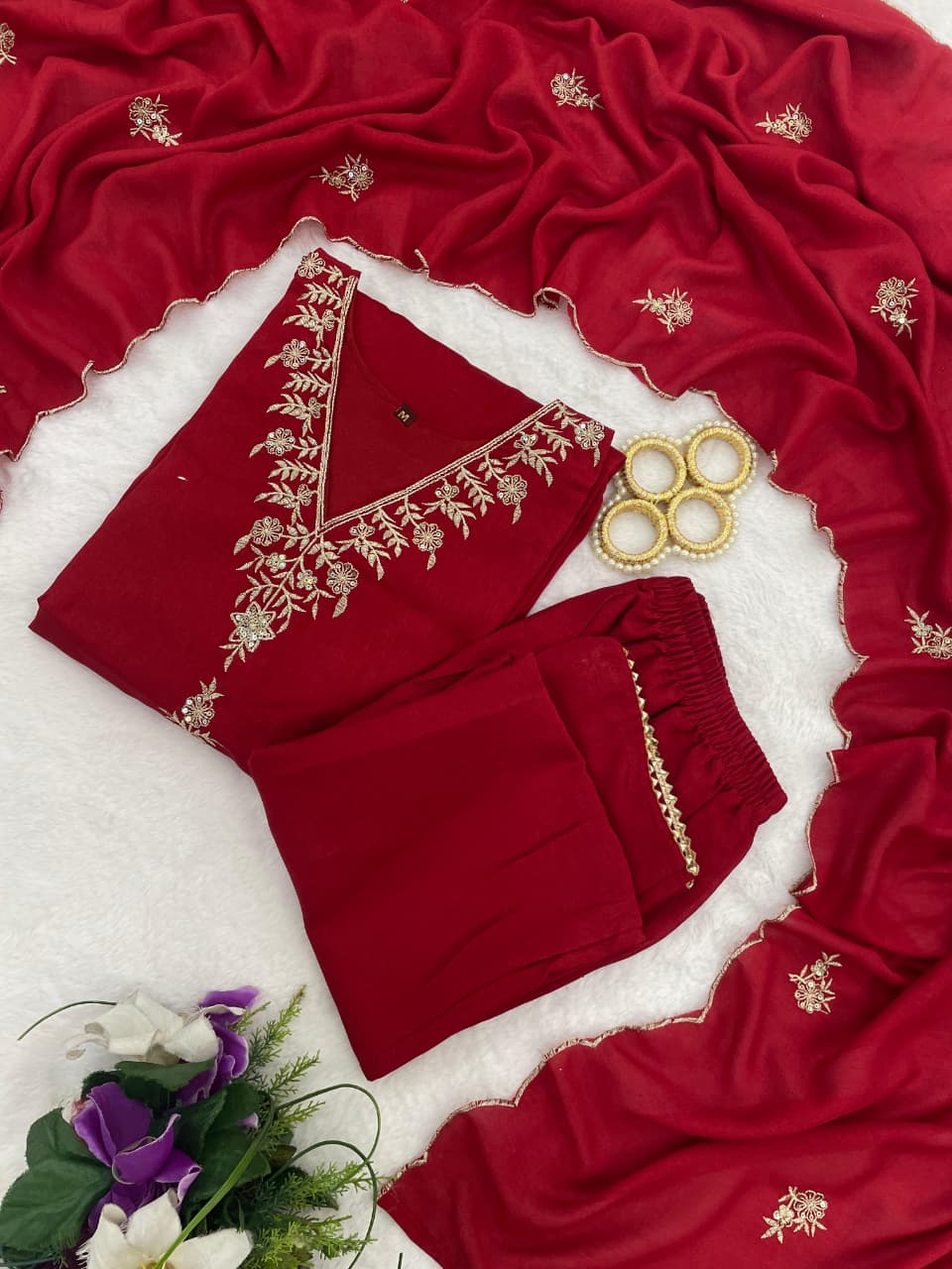 Maroon Embroidered Vichitra Silk Kurta Pant Set