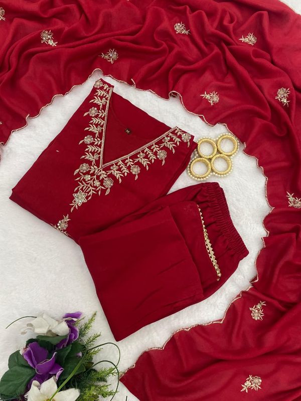 Maroon Embroidered Vichitra Silk Kurta Pant Set