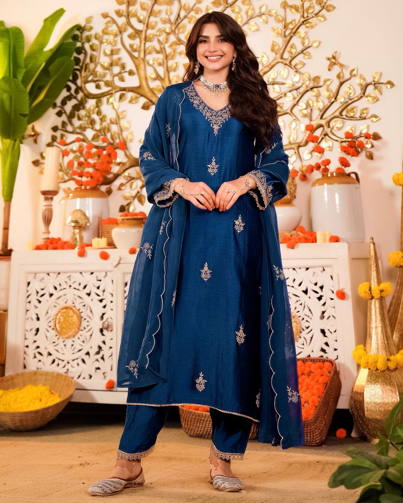 Navy Blue Embroidered Silk Kurta Pant Set