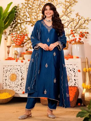 Navy Blue Embroidered Silk Kurta Pant Set