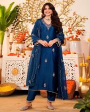Navy Blue Embroidered Silk Kurta Pant Set - Blue