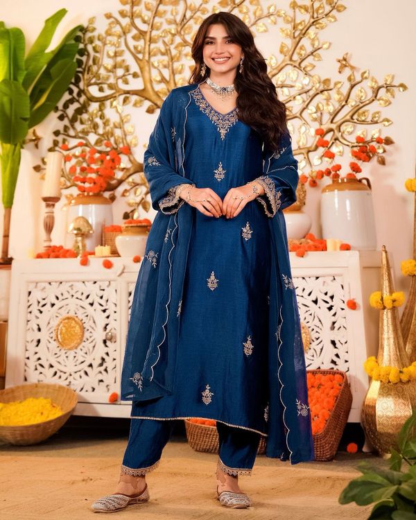 Navy Blue Embroidered Silk Kurta Pant Set