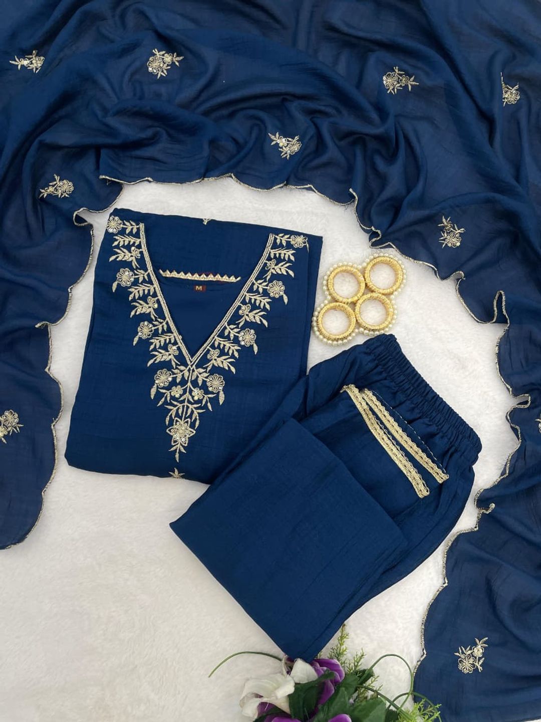 Navy Blue Embroidered Silk Kurta Pant Set