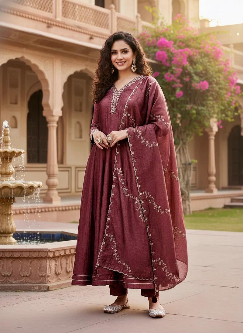 Festive Wear Maroon Silk Anarkali Suit Set for Women
