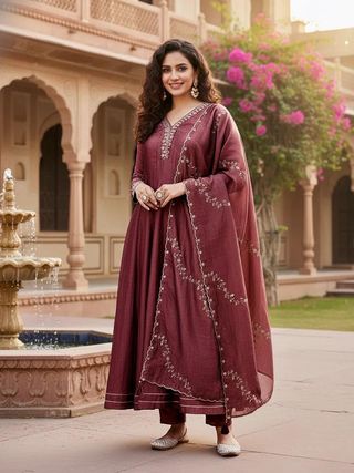 Festive Wear Maroon Silk Anarkali Suit Set for Women