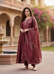 Festive Wear Maroon Silk Anarkali Suit Set for Women - Maroon
