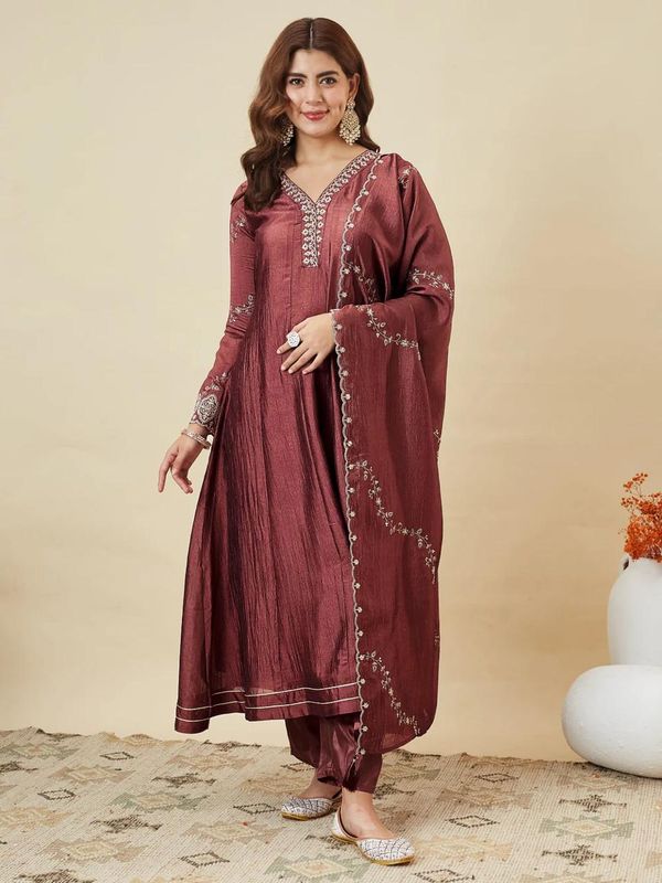 Festive Wear Maroon Silk Anarkali Suit Set for Women