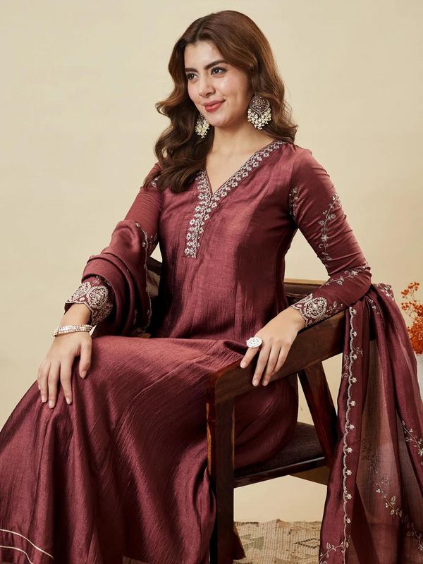 Festive Wear Maroon Silk Anarkali Suit Set for Women