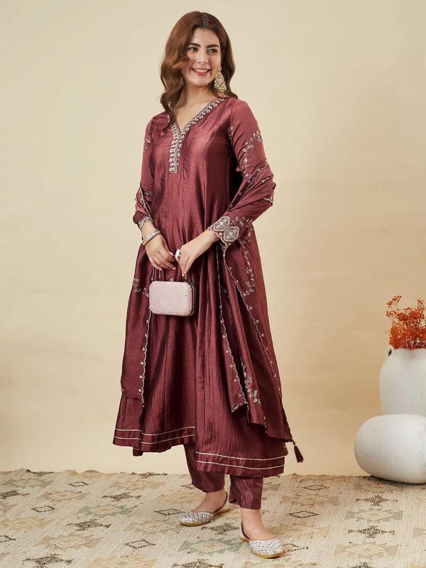 Festive Wear Maroon Silk Anarkali Suit Set for Women