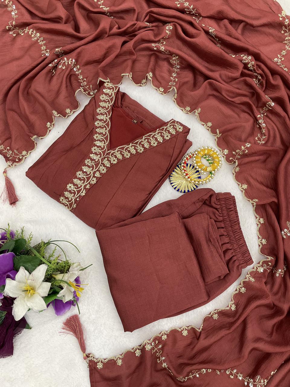 Festive Wear Maroon Silk Anarkali Suit Set for Women
