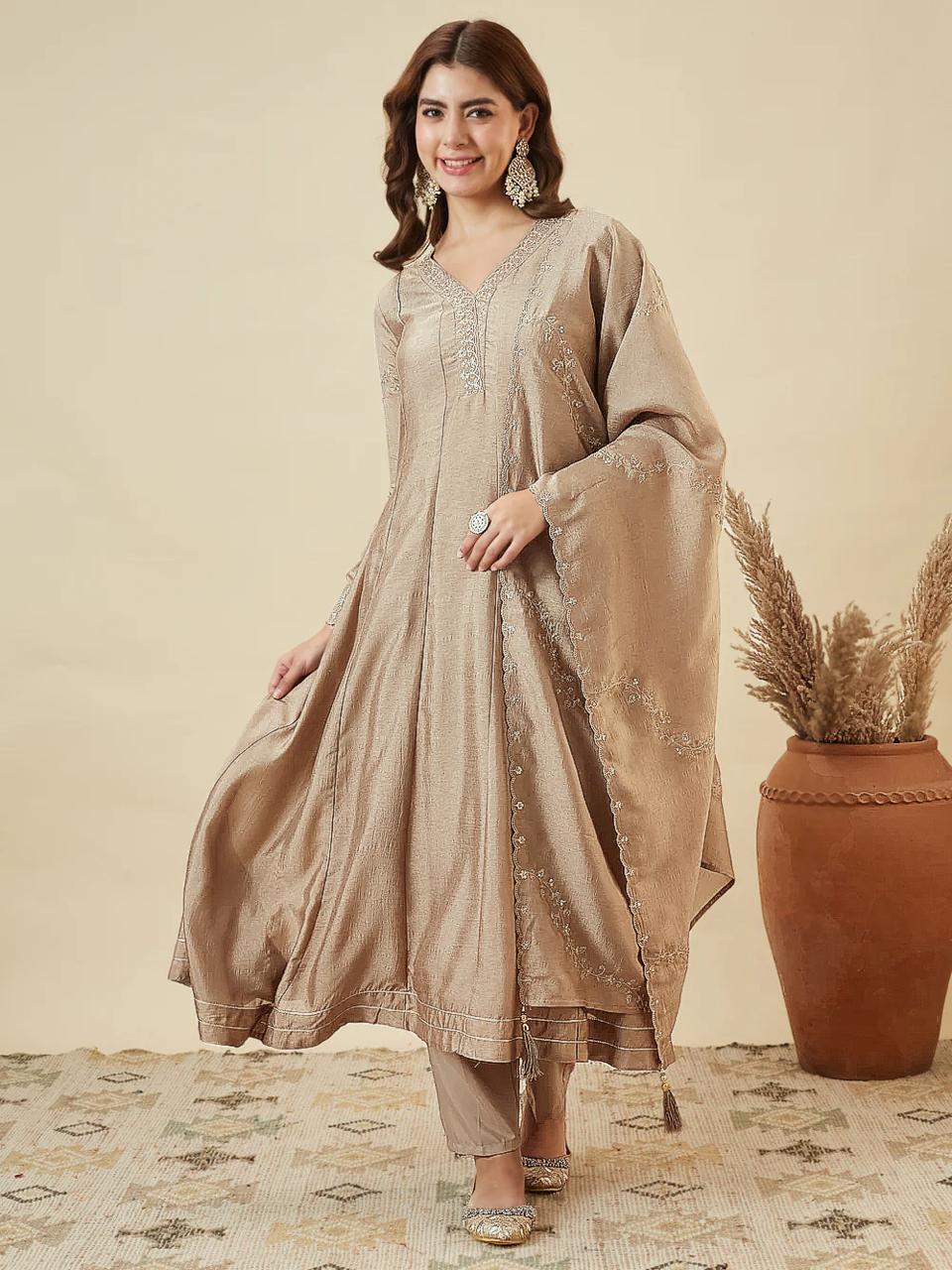 Elegant Beige Anarkali Kurta Pant Set with Dupatta