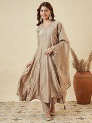 Elegant Beige Anarkali Kurta Pant Set with Dupatta - Beige