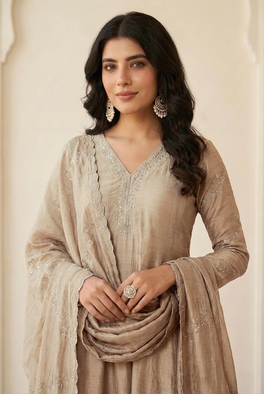 Elegant Beige Anarkali Kurta Pant Set with Dupatta