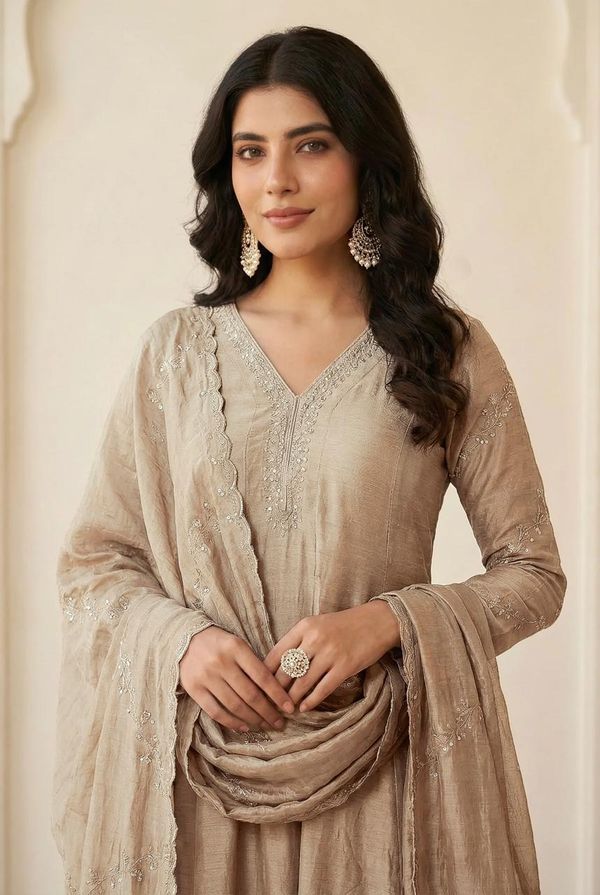 Elegant Beige Anarkali Kurta Pant Set with Dupatta