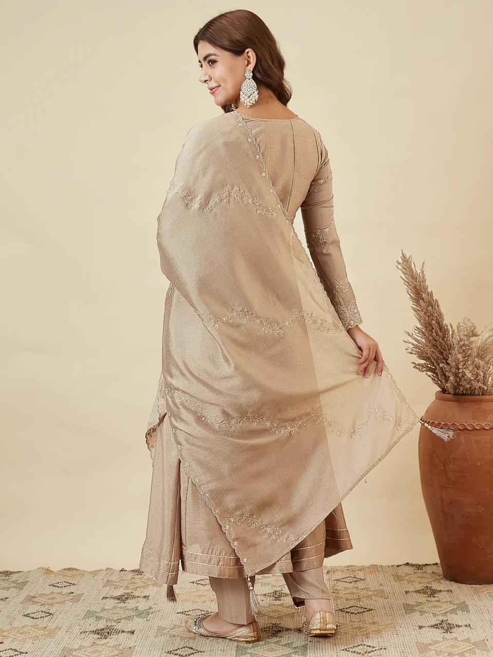 Elegant Beige Anarkali Kurta Pant Set with Dupatta