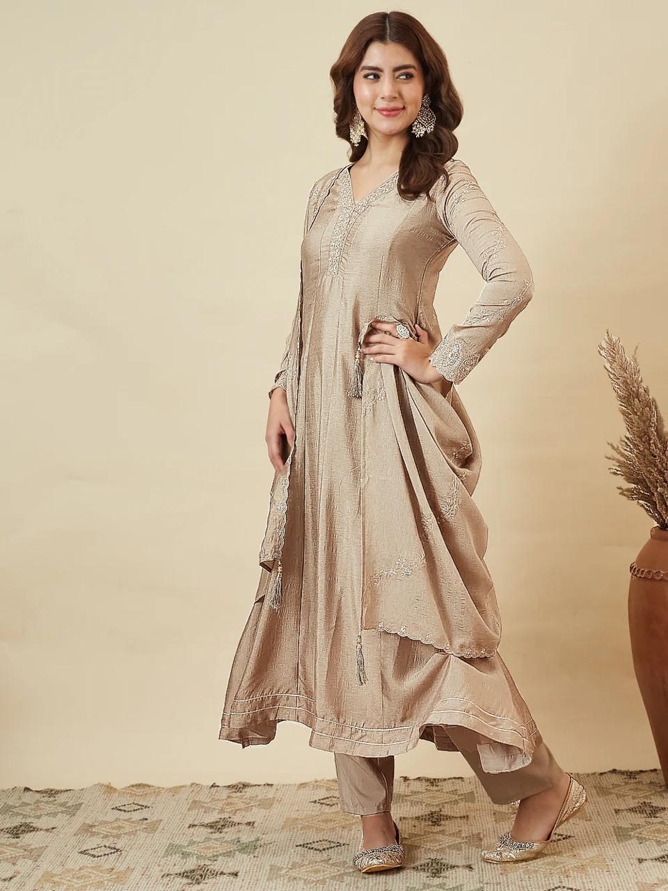 Elegant Beige Anarkali Kurta Pant Set with Dupatta