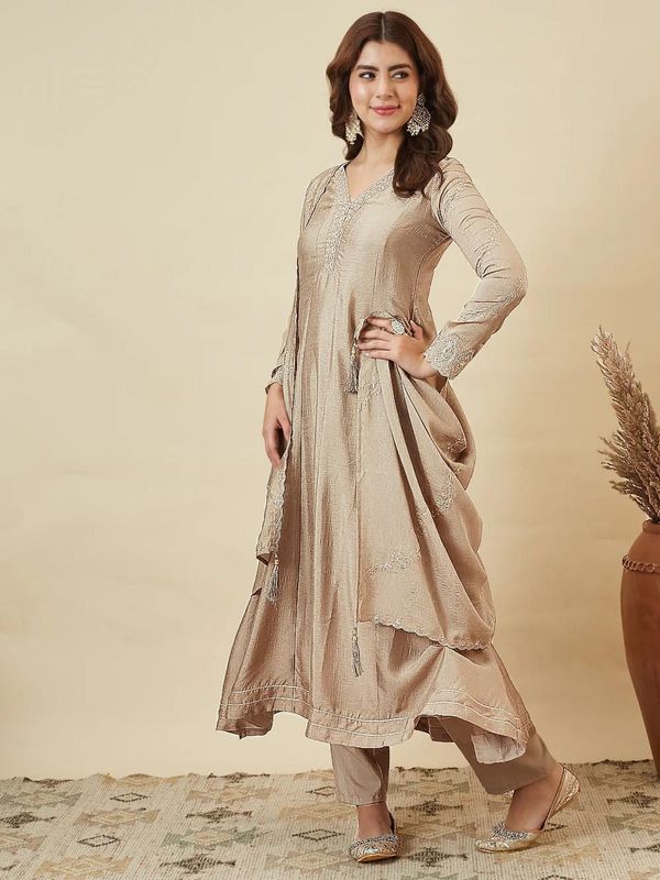 Elegant Beige Anarkali Kurta Pant Set with Dupatta