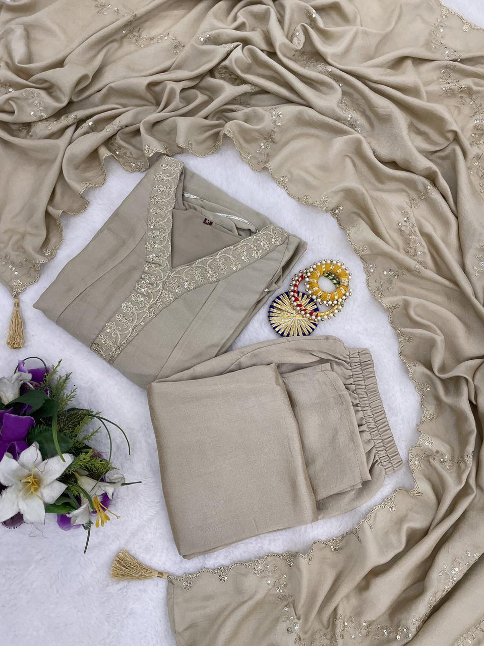 Elegant Beige Anarkali Kurta Pant Set with Dupatta