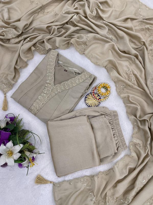 Elegant Beige Anarkali Kurta Pant Set with Dupatta