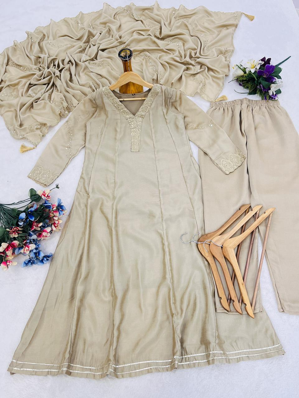 Elegant Beige Anarkali Kurta Pant Set with Dupatta