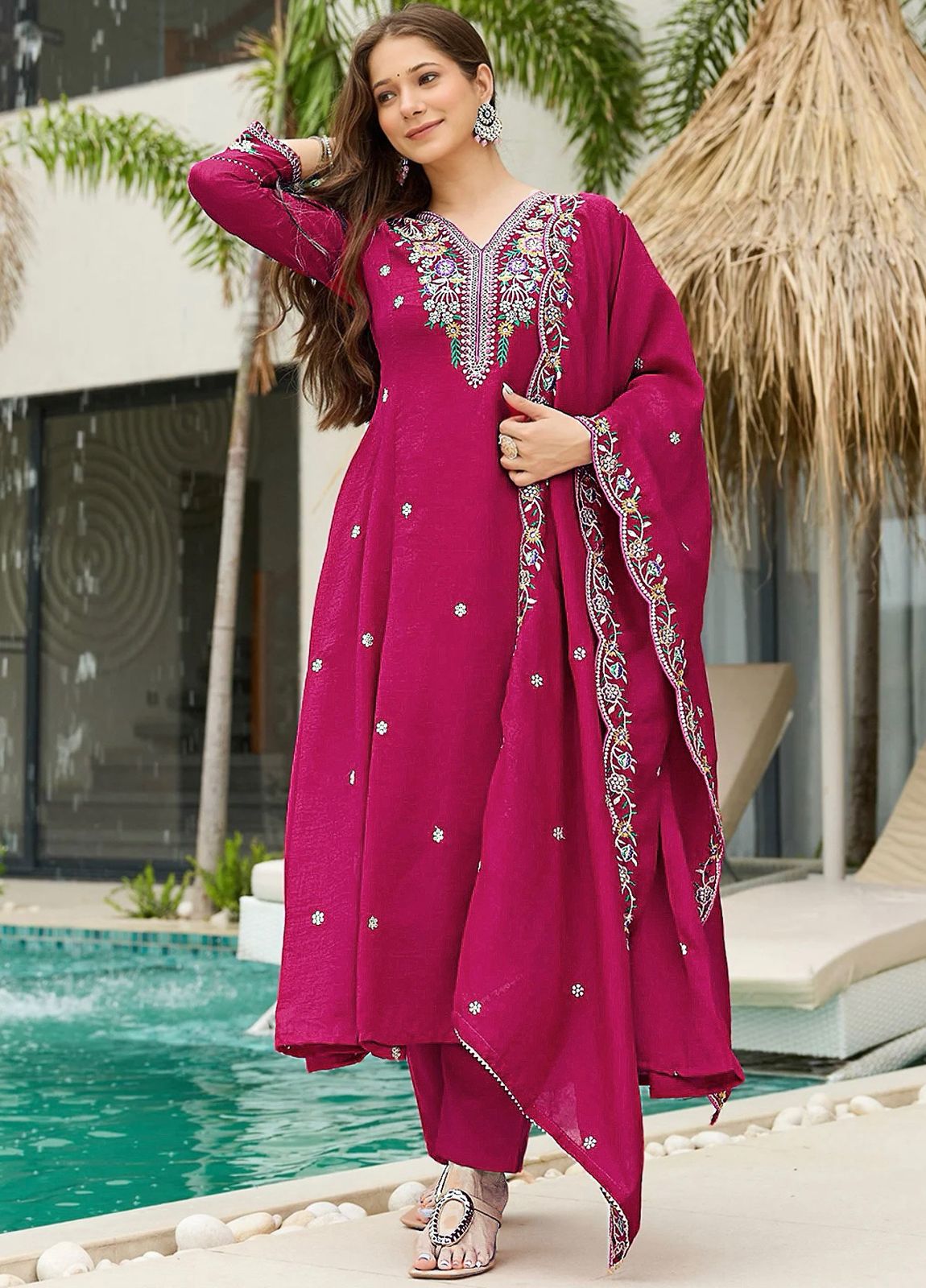 Designer Wine Kurta Pant Set with Floral Embroidery