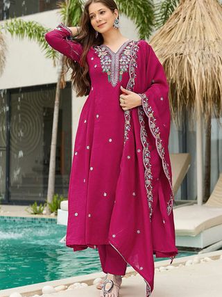 Designer Wine Kurta Pant Set with Floral Embroidery