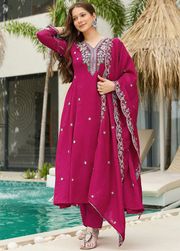 Designer Wine Kurta Pant Set with Floral Embroidery - wine