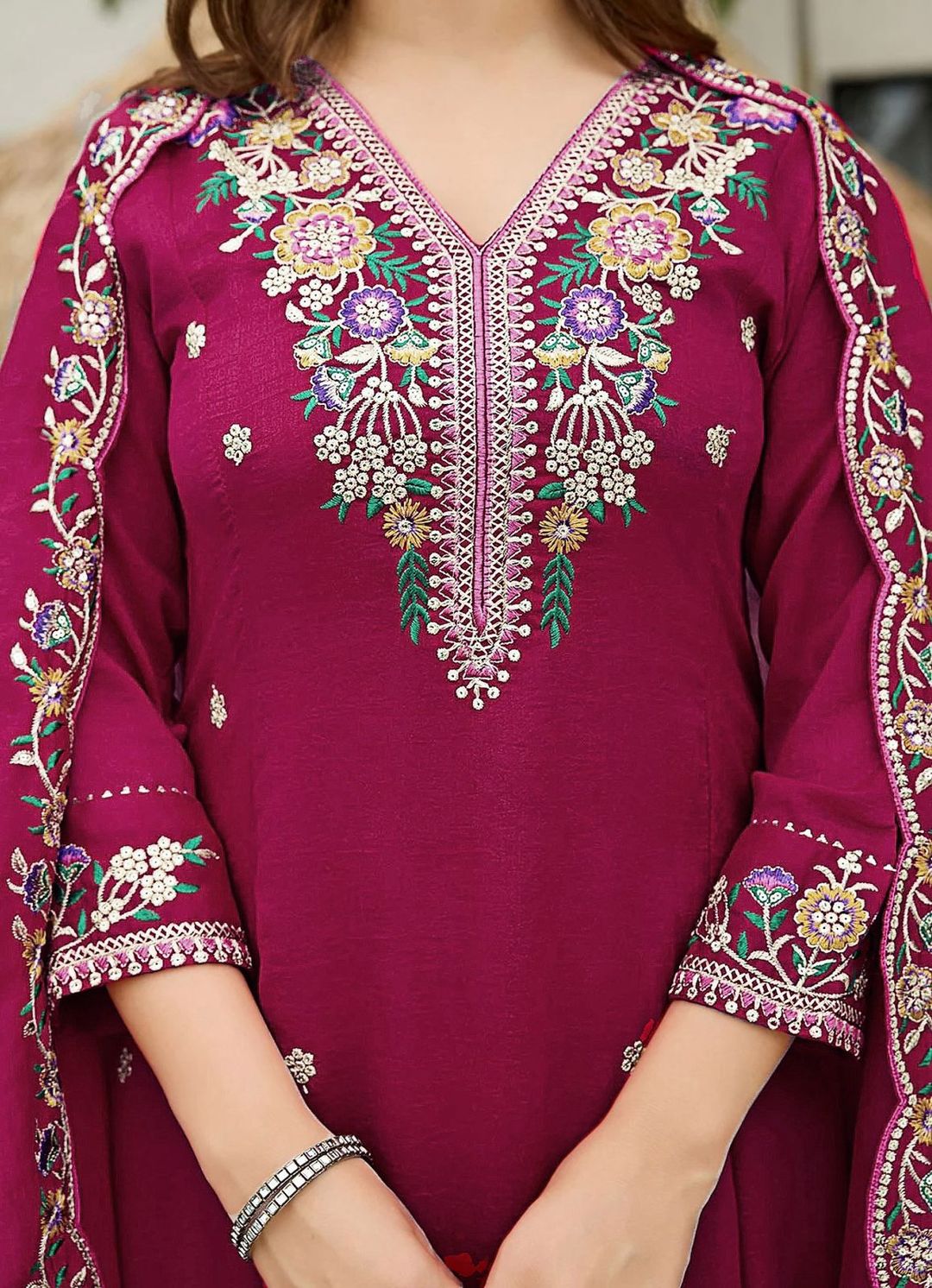 Designer Wine Kurta Pant Set with Floral Embroidery