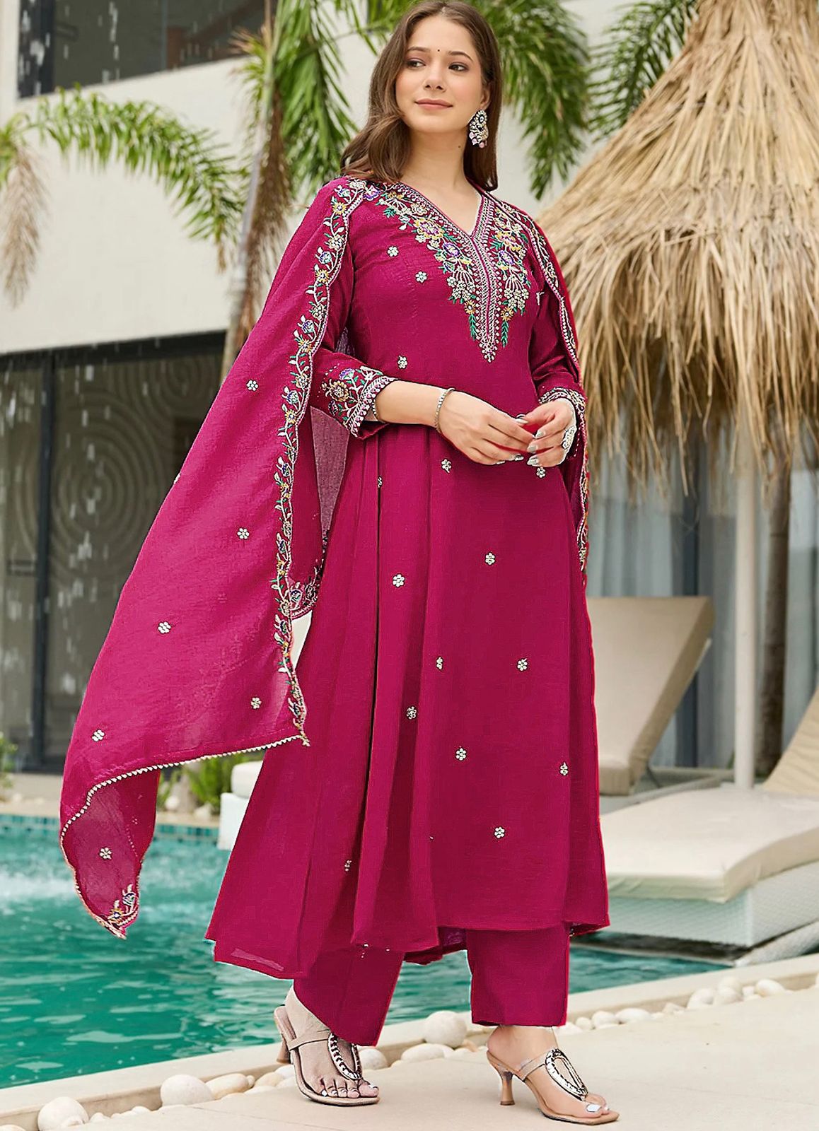 Designer Wine Kurta Pant Set with Floral Embroidery