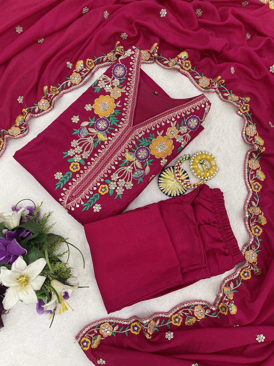 Designer Wine Kurta Pant Set with Floral Embroidery