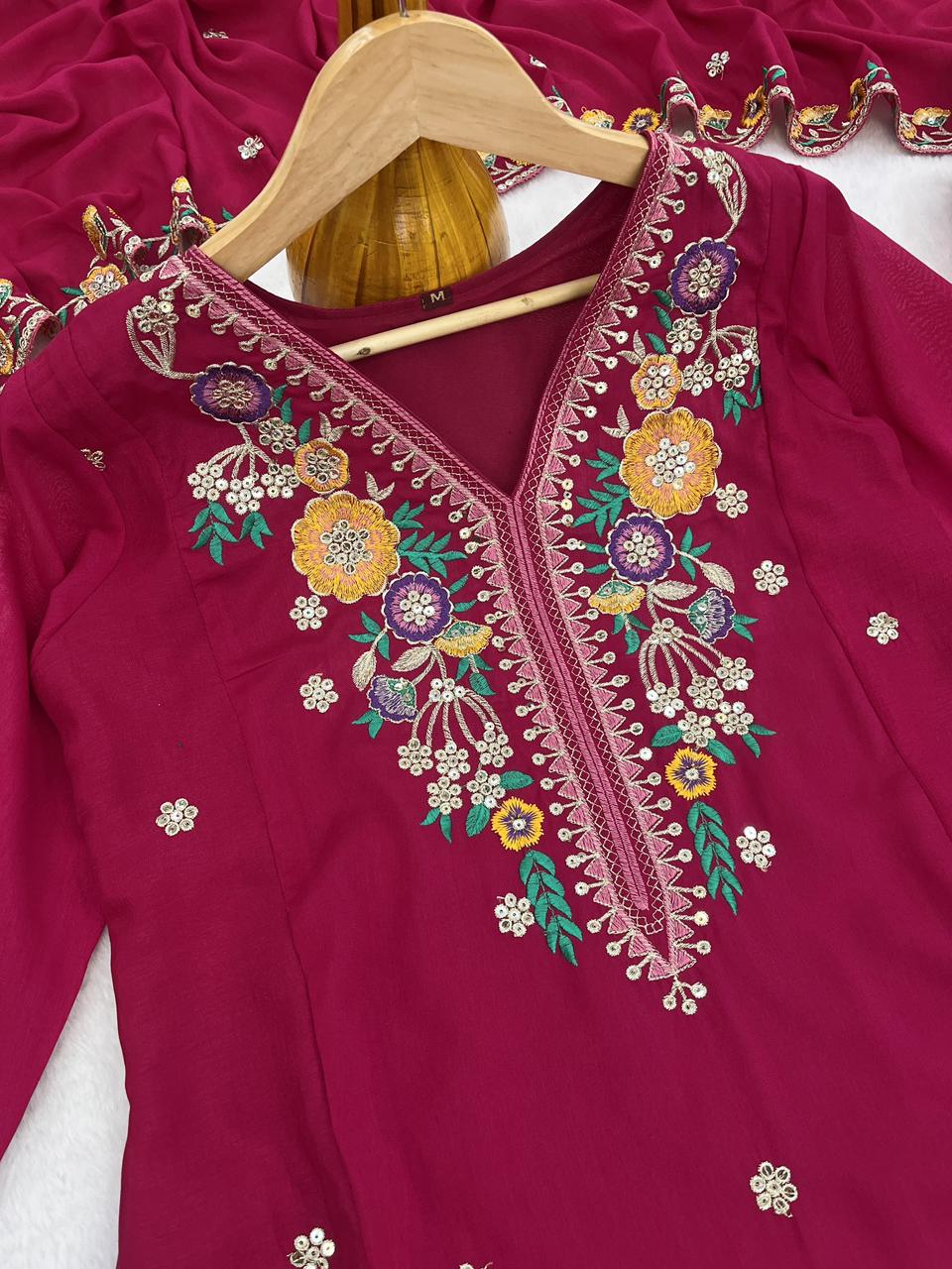 Designer Wine Kurta Pant Set with Floral Embroidery