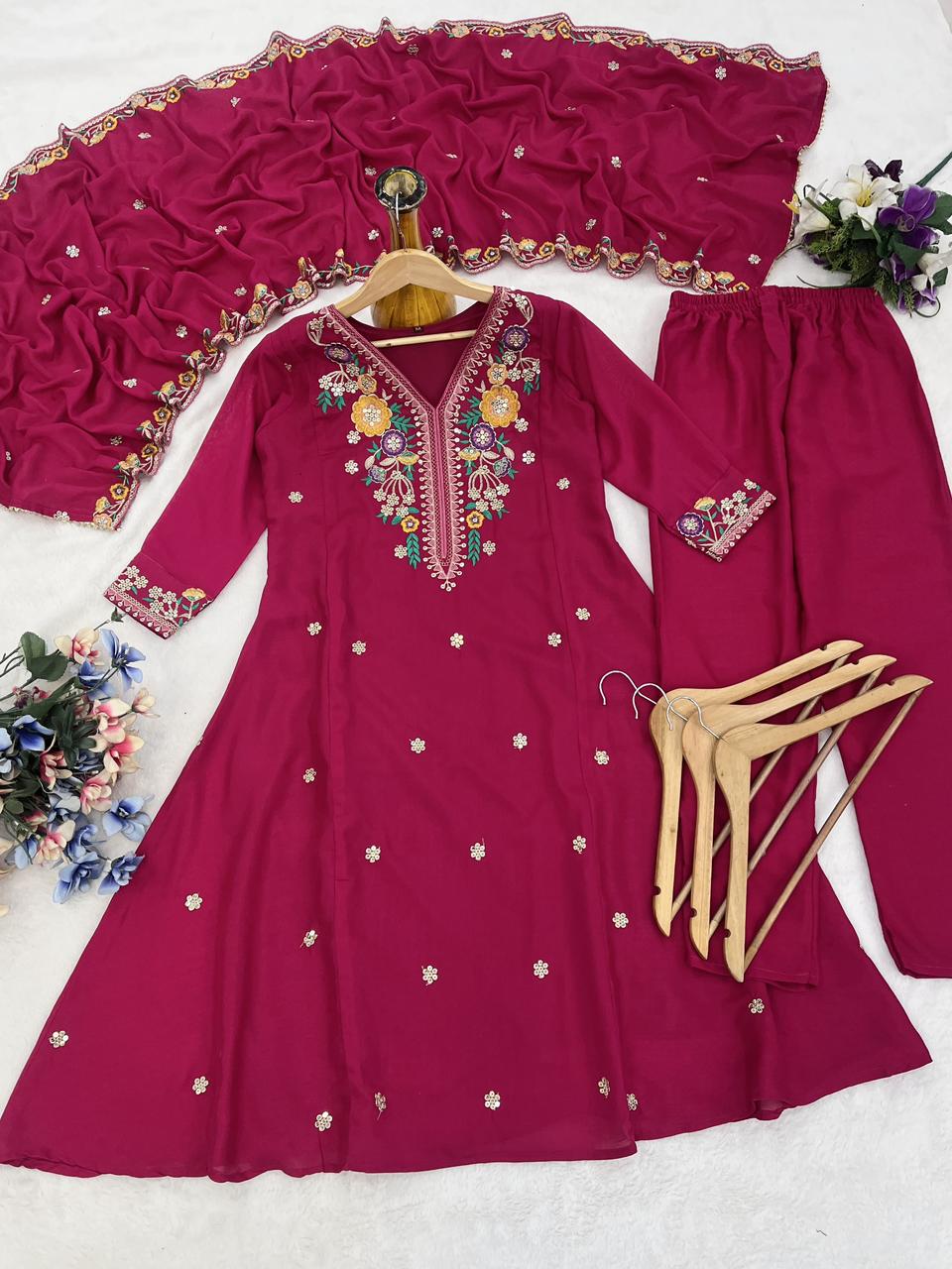Designer Wine Kurta Pant Set with Floral Embroidery