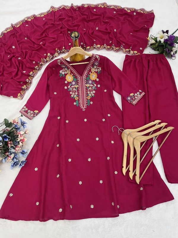Designer Wine Kurta Pant Set with Floral Embroidery