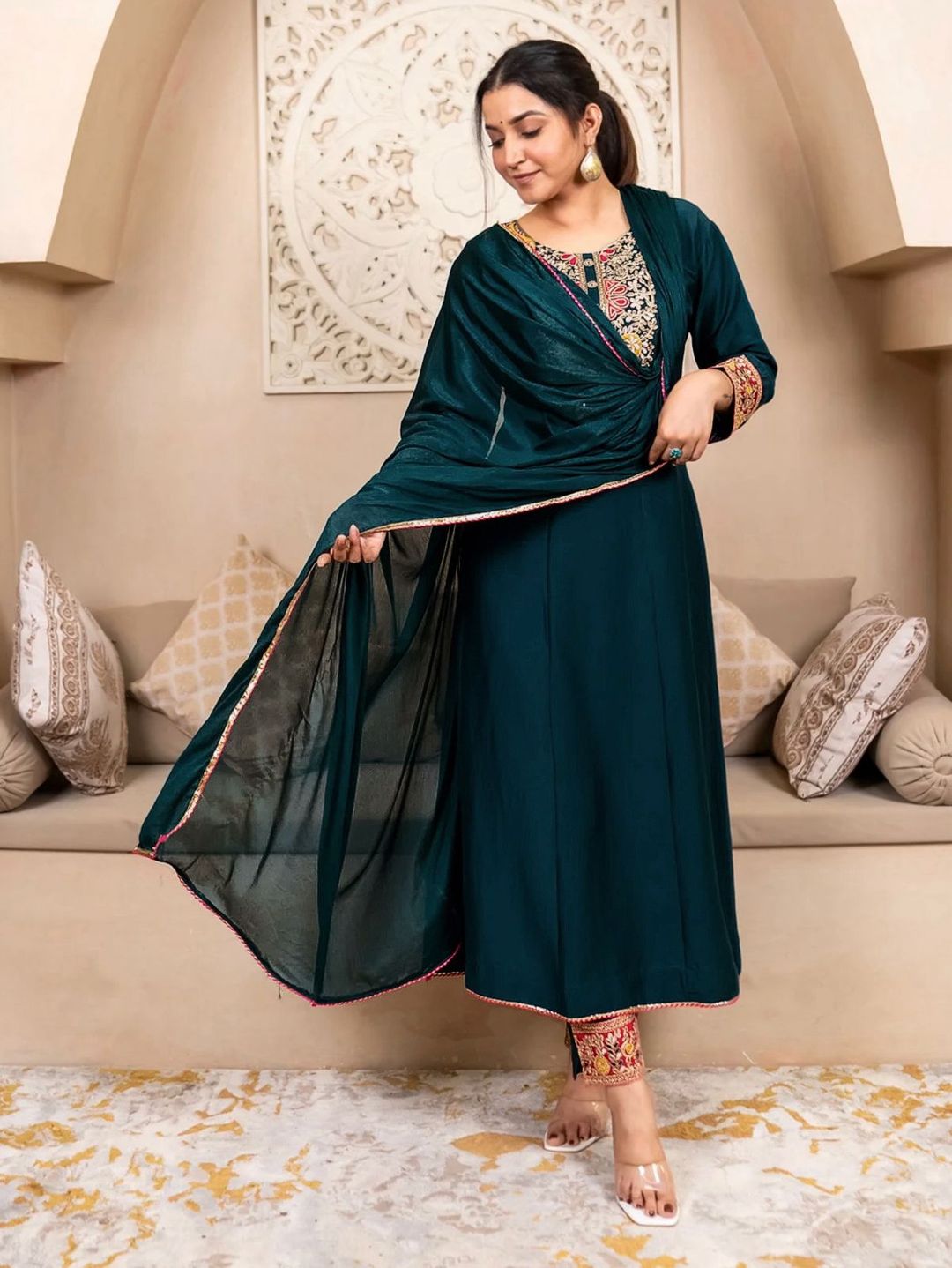 Teal Green Embroidered Silk Anarkali Kurta Set