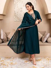Teal Green Embroidered Silk Anarkali Kurta Set - Teal