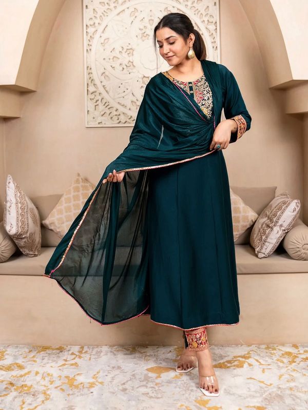 Teal Green Embroidered Silk Anarkali Kurta Set