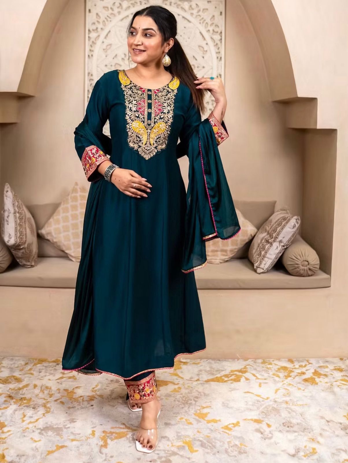 Teal Green Embroidered Silk Anarkali Kurta Set
