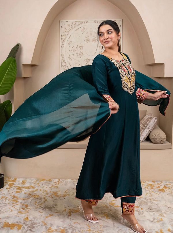 Teal Green Embroidered Silk Anarkali Kurta Set