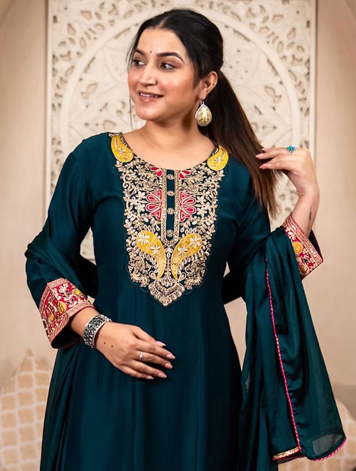 Teal Green Embroidered Silk Anarkali Kurta Set