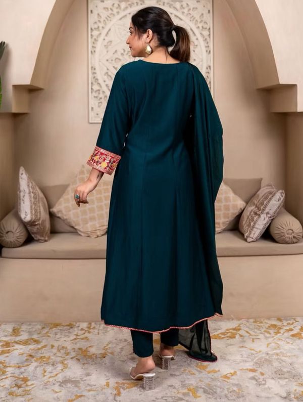 Teal Green Embroidered Silk Anarkali Kurta Set