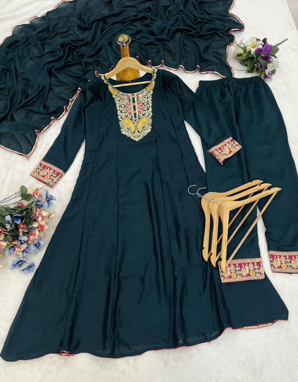 Teal Green Embroidered Silk Anarkali Kurta Set