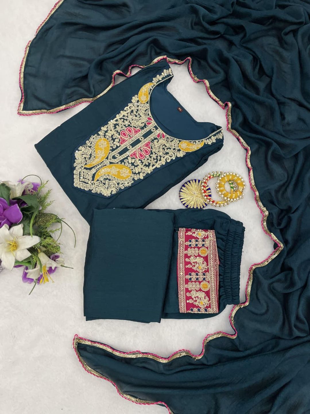 Teal Green Embroidered Silk Anarkali Kurta Set